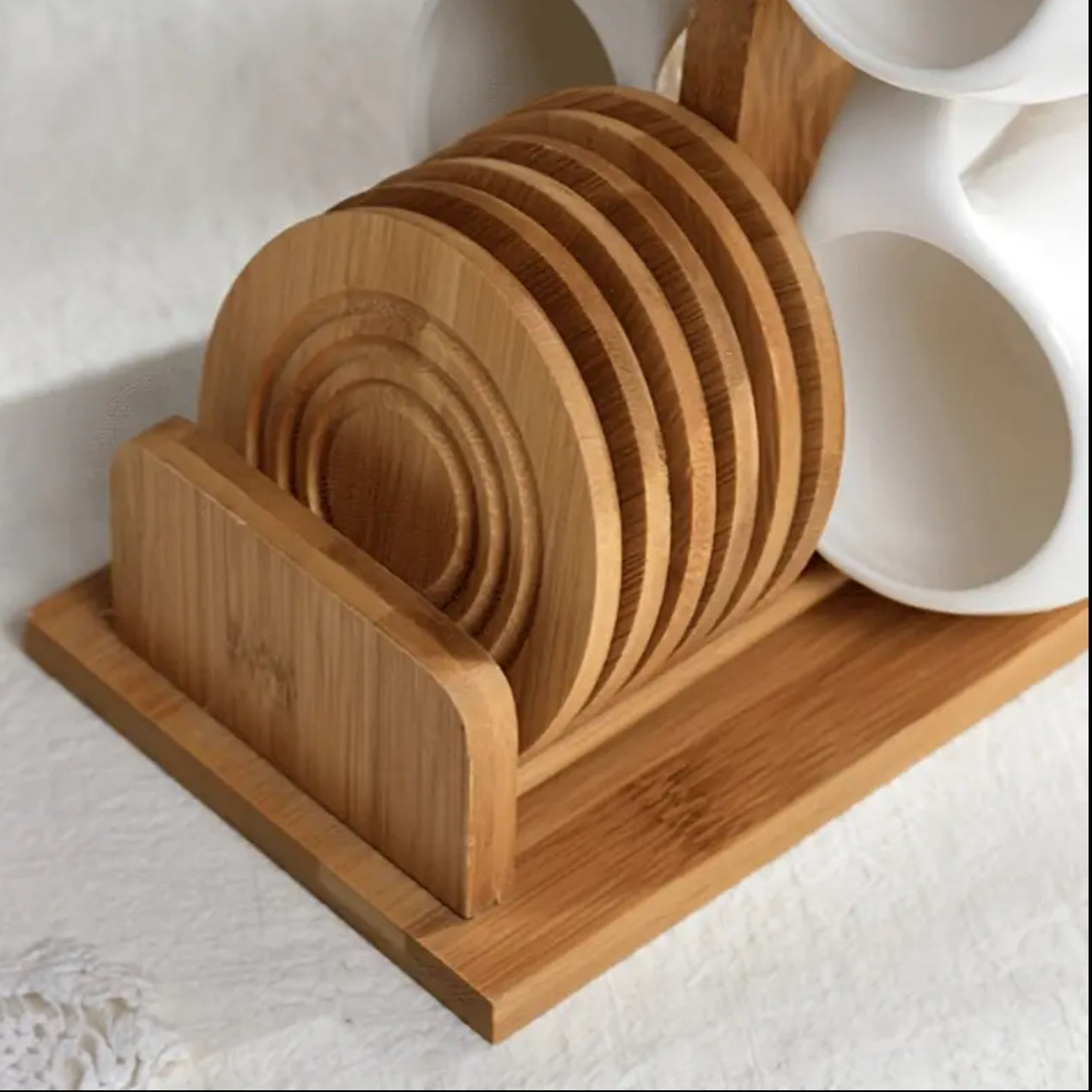 Fashion ceramic 6 cups (200ml) with wooden bamboo stand and 6 bamboo coasters