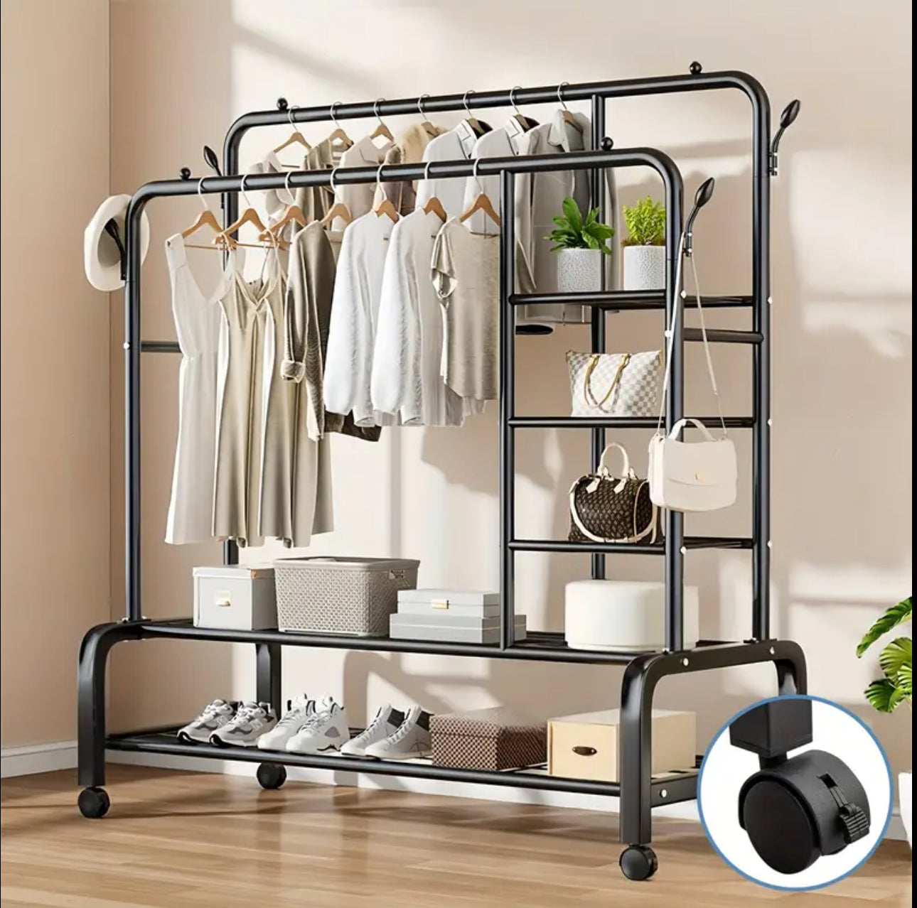 Double Layer Garment Rack Floor Standing Clothes Hanger