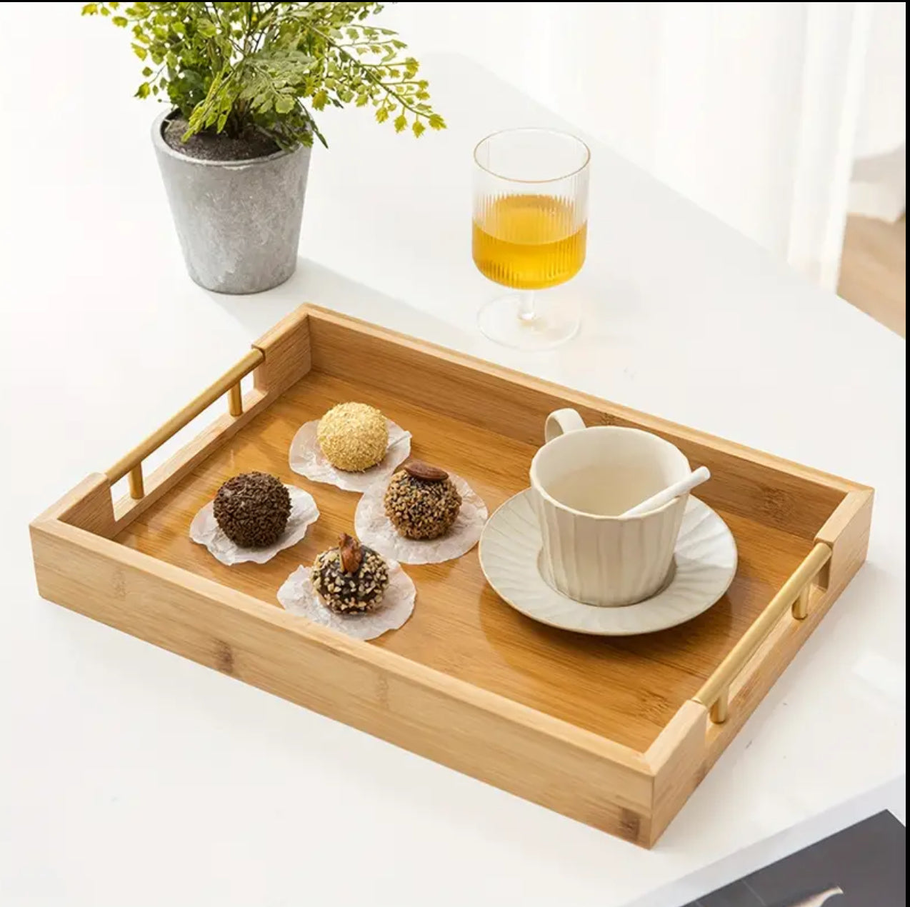 3pcs Eco-friendly Bamboo Serving Trays with Gold Handles