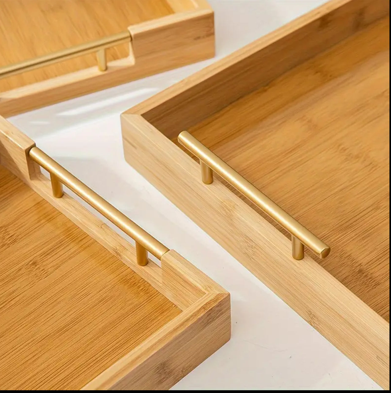 3pcs Eco-friendly Bamboo Serving Trays with Gold Handles