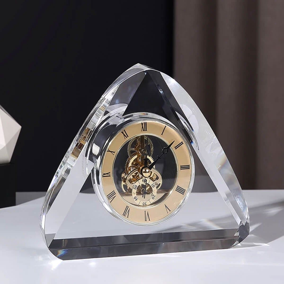 Customized Text Carved Unique Triangle Shape Clear Crystal Personalized Clock