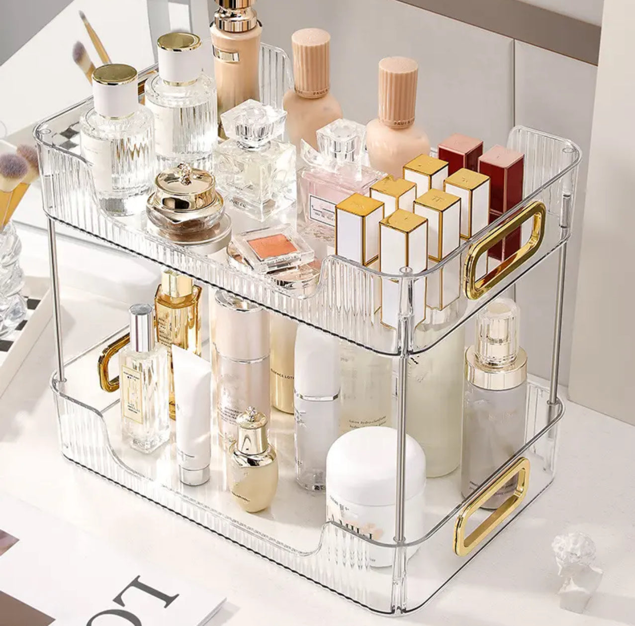 2 Layer Multipurpose Gold Organiser / Storage Jewelry Holder Cosmetics Vanity Tray