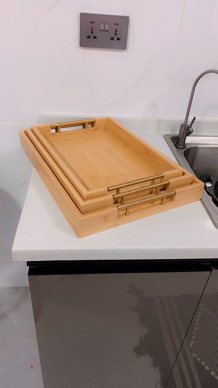 3pcs Eco-friendly Bamboo Serving Trays with Gold Handles