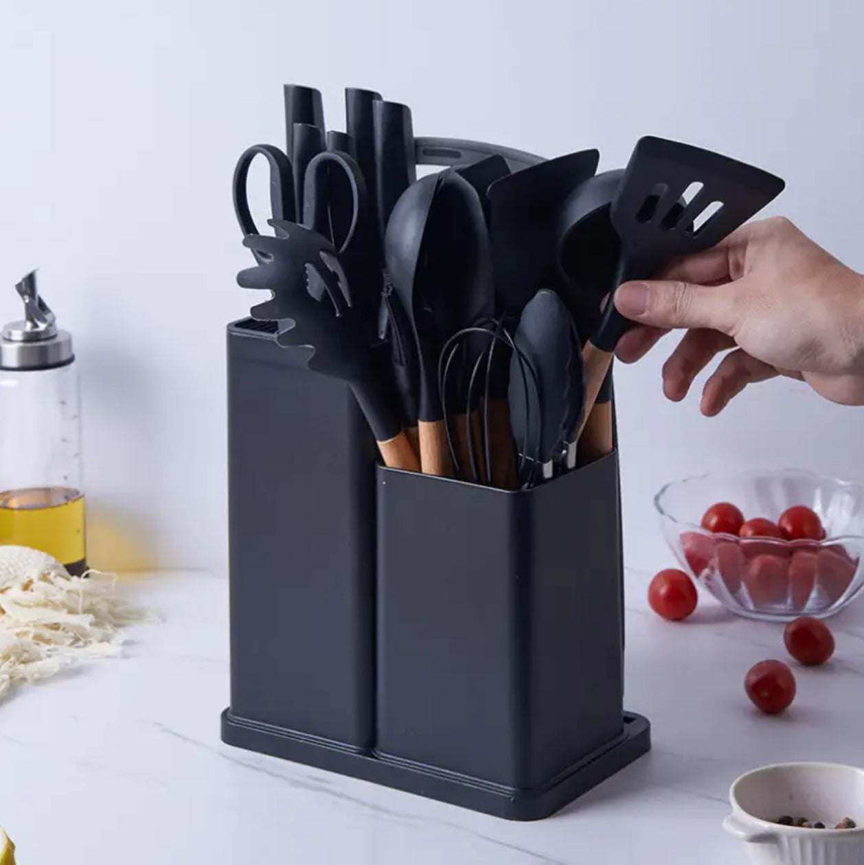 19pcs heat resistant silicone cooking kitchen spoon set with knives and chop board