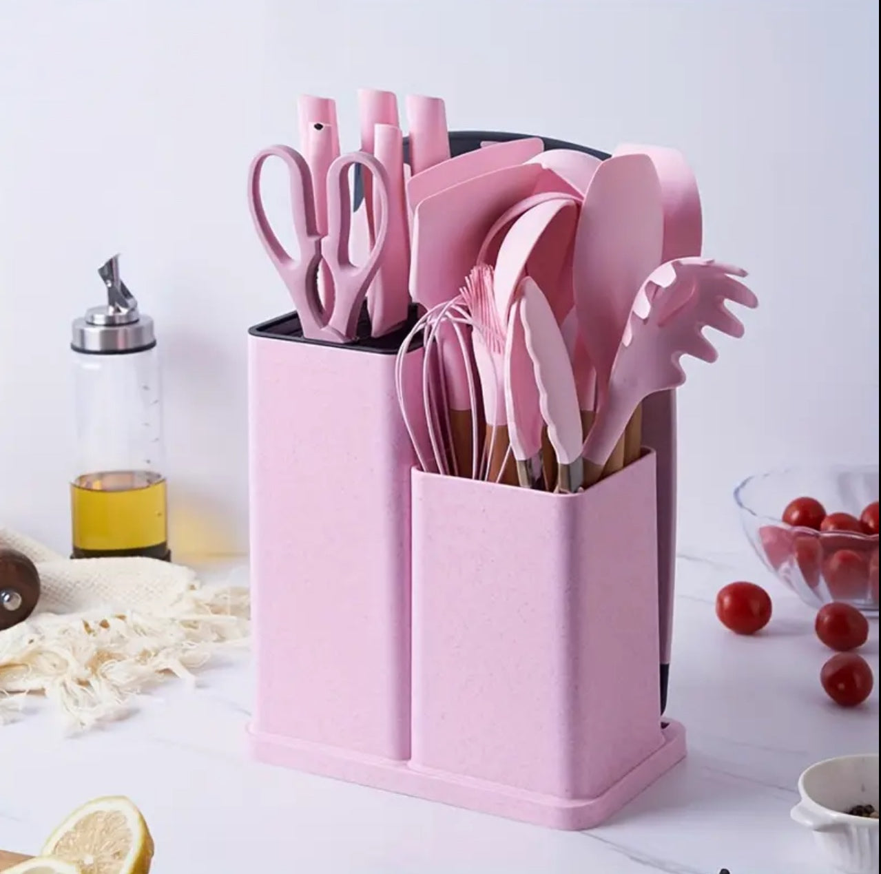 19pcs heat resistant silicone cooking kitchen spoon set with knives and chop board