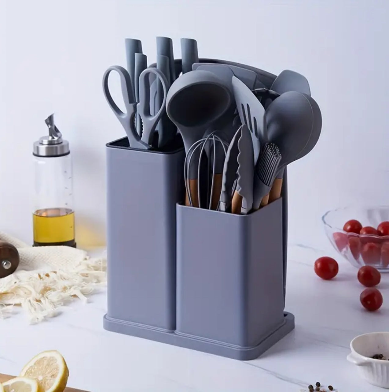 19pcs heat resistant silicone cooking kitchen spoon set with knives and chop board