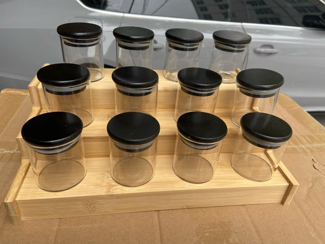 12Pcs Glass Spice Jars with Bamboo black Lid + stand