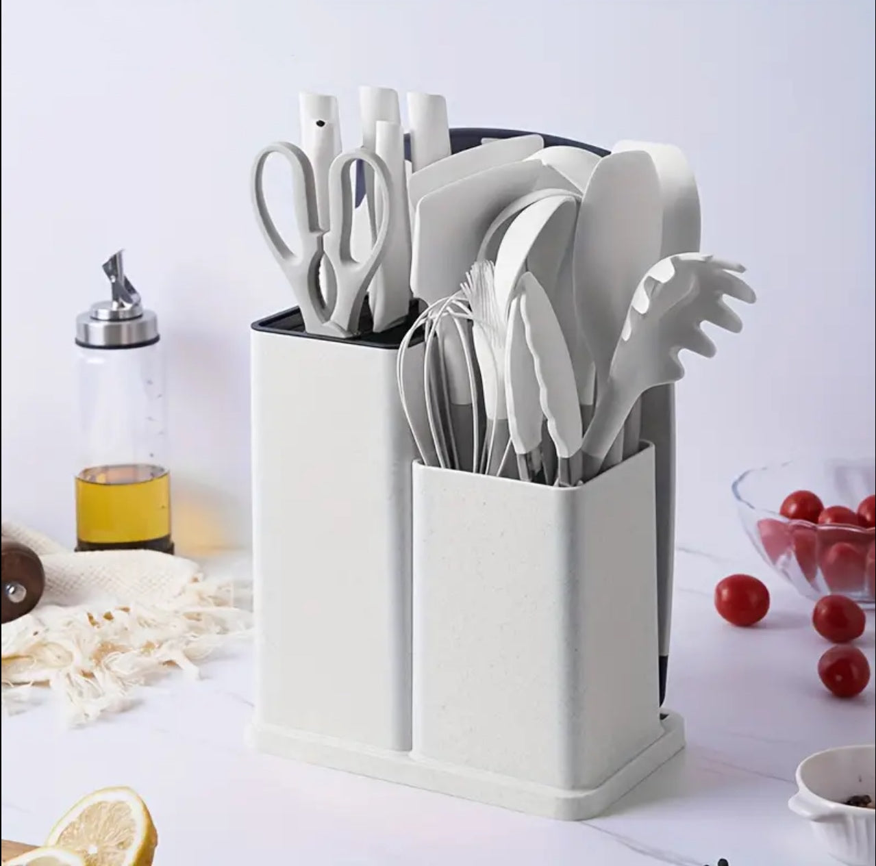 19pcs heat resistant silicone cooking kitchen spoon set with knives and chop board