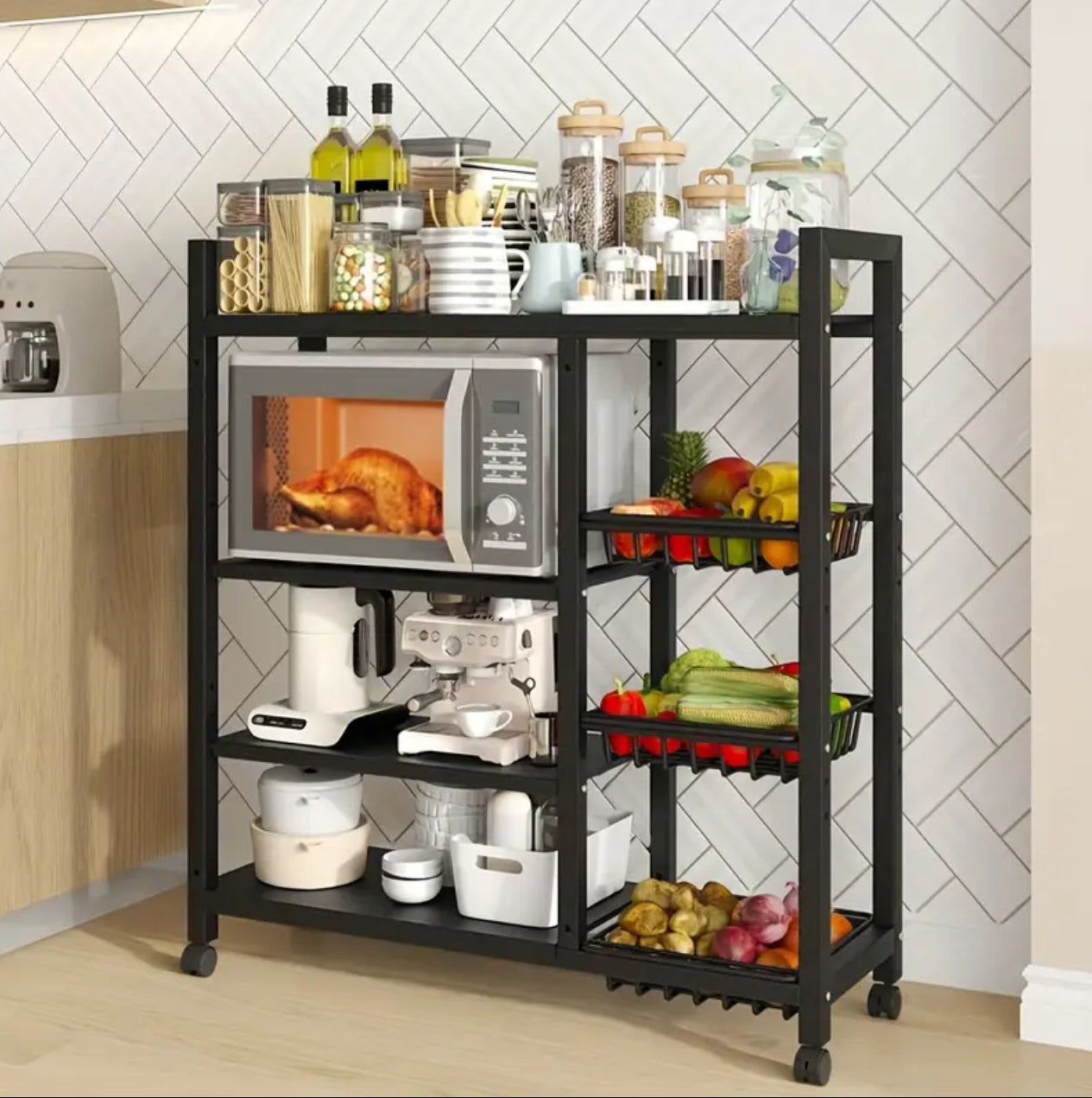 Multifunctional Strong metallic Kitchen rack with movable & lockable wheels