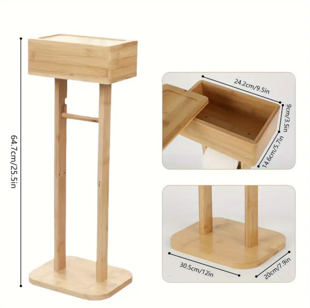 Eco-friendly bamboo toilet tissue holder with upper storage and phone placement/holder