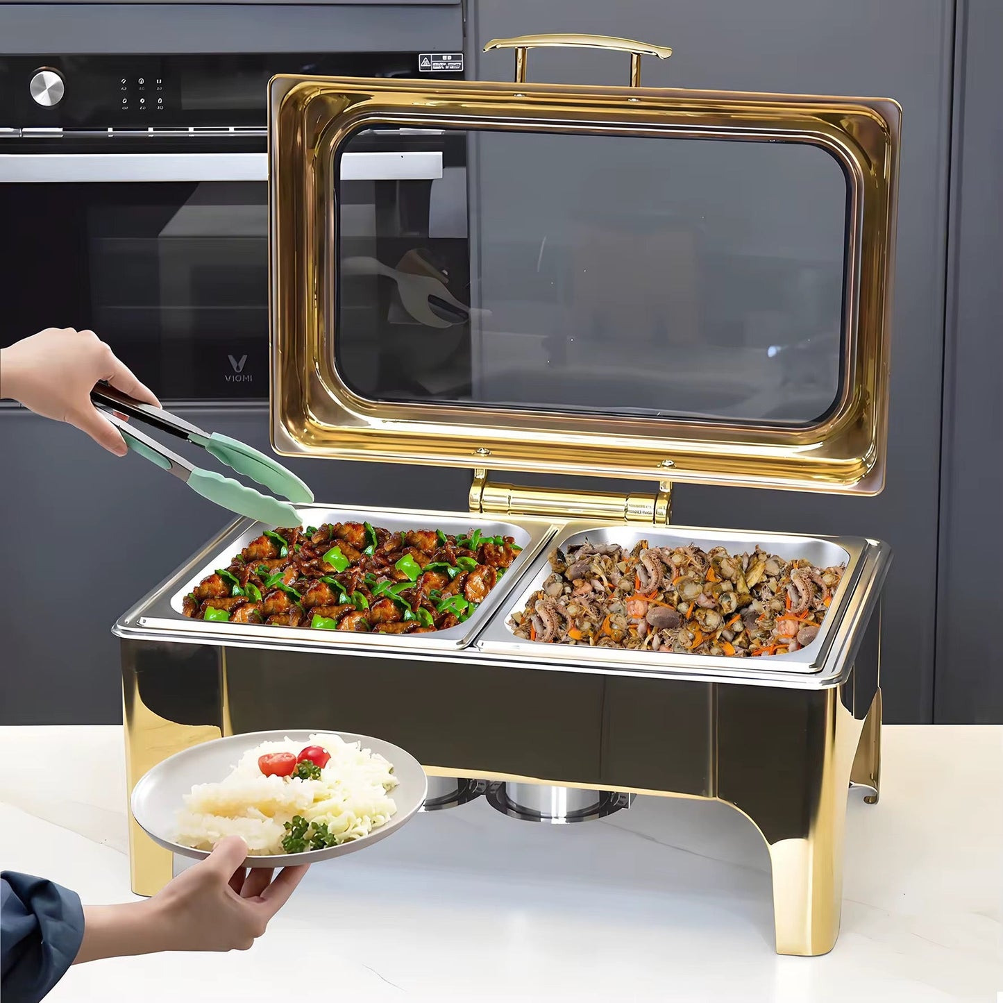 9L Golden Hydraulic autoclose chaffing dishes with Glass top