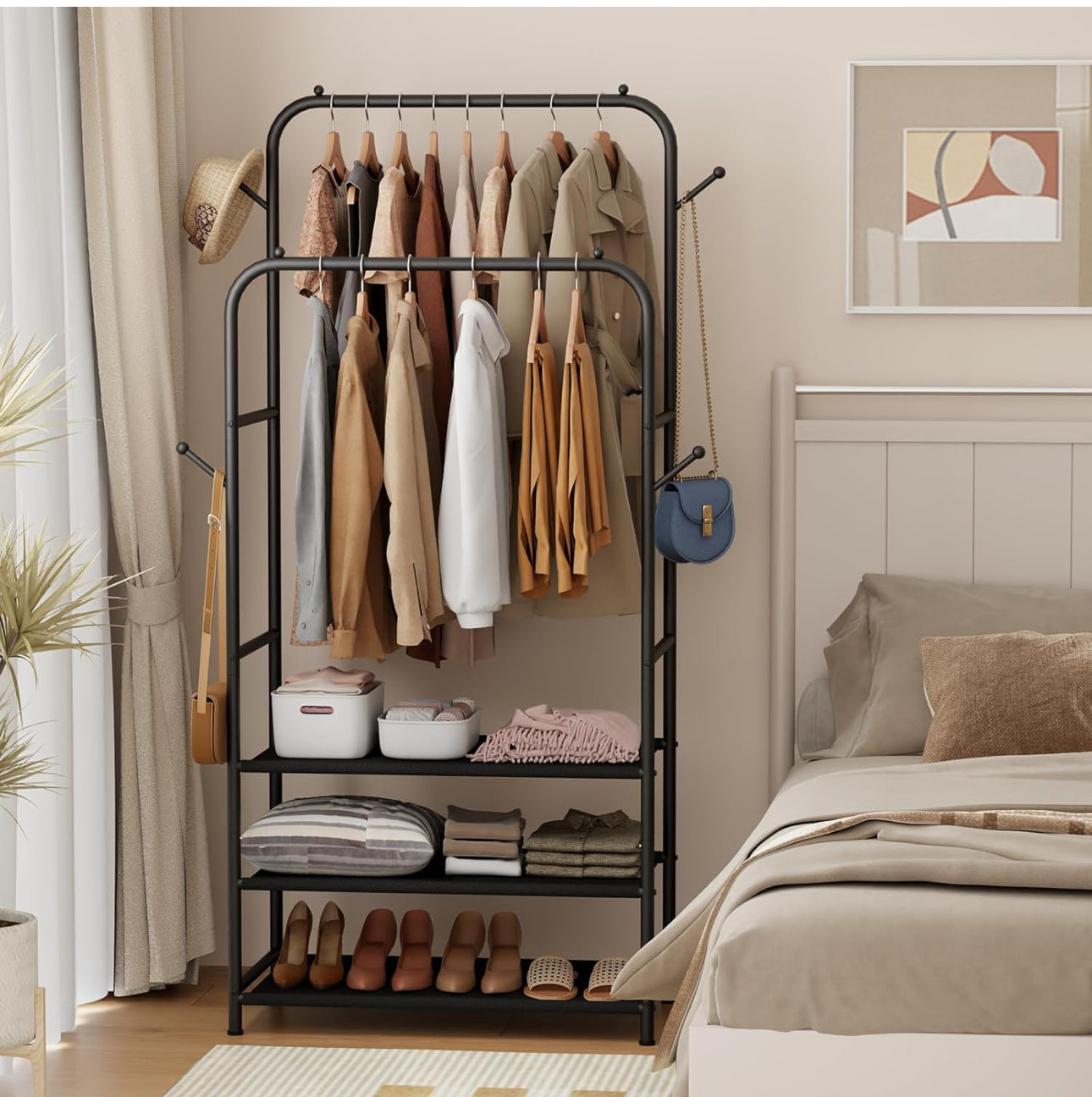 Double Clothing Garment Rack With 3-Tier Storage Shelf