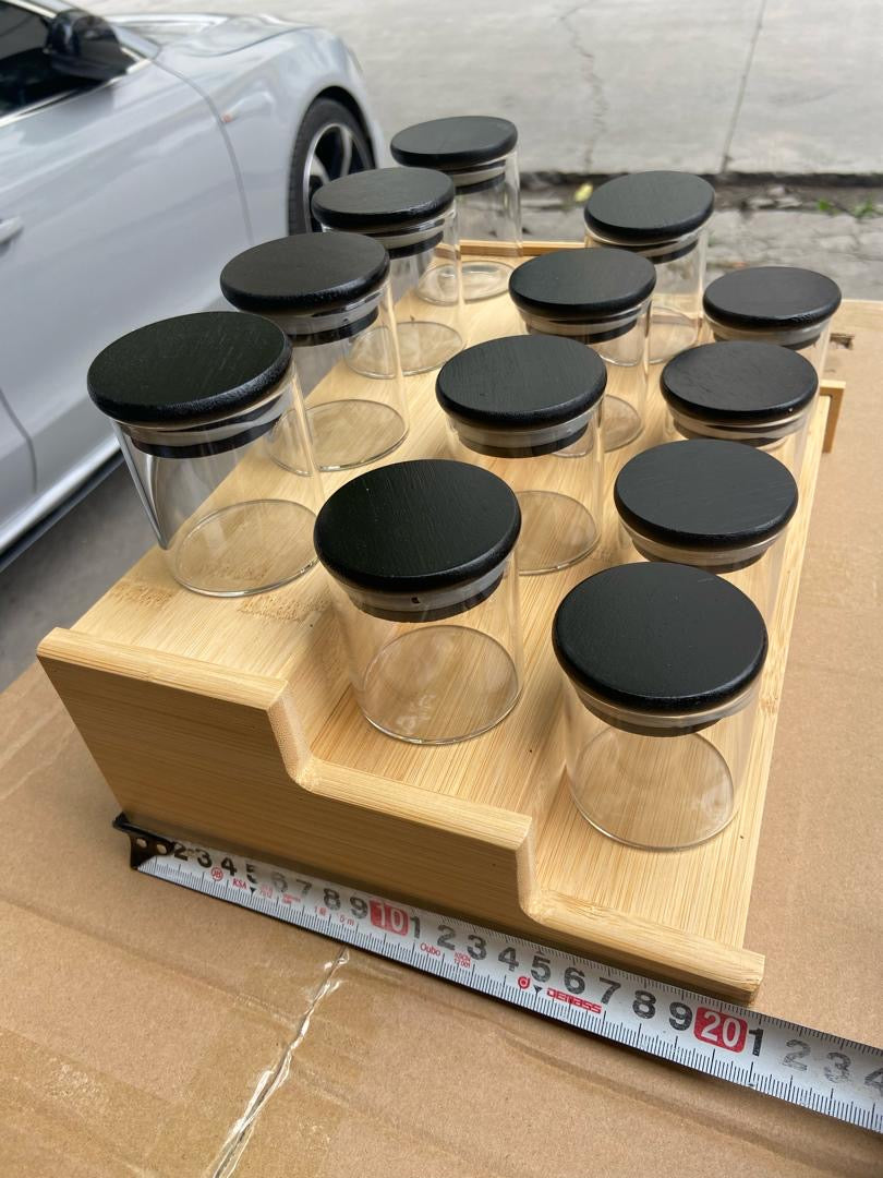 12Pcs Glass Spice Jars with Bamboo black Lid + stand