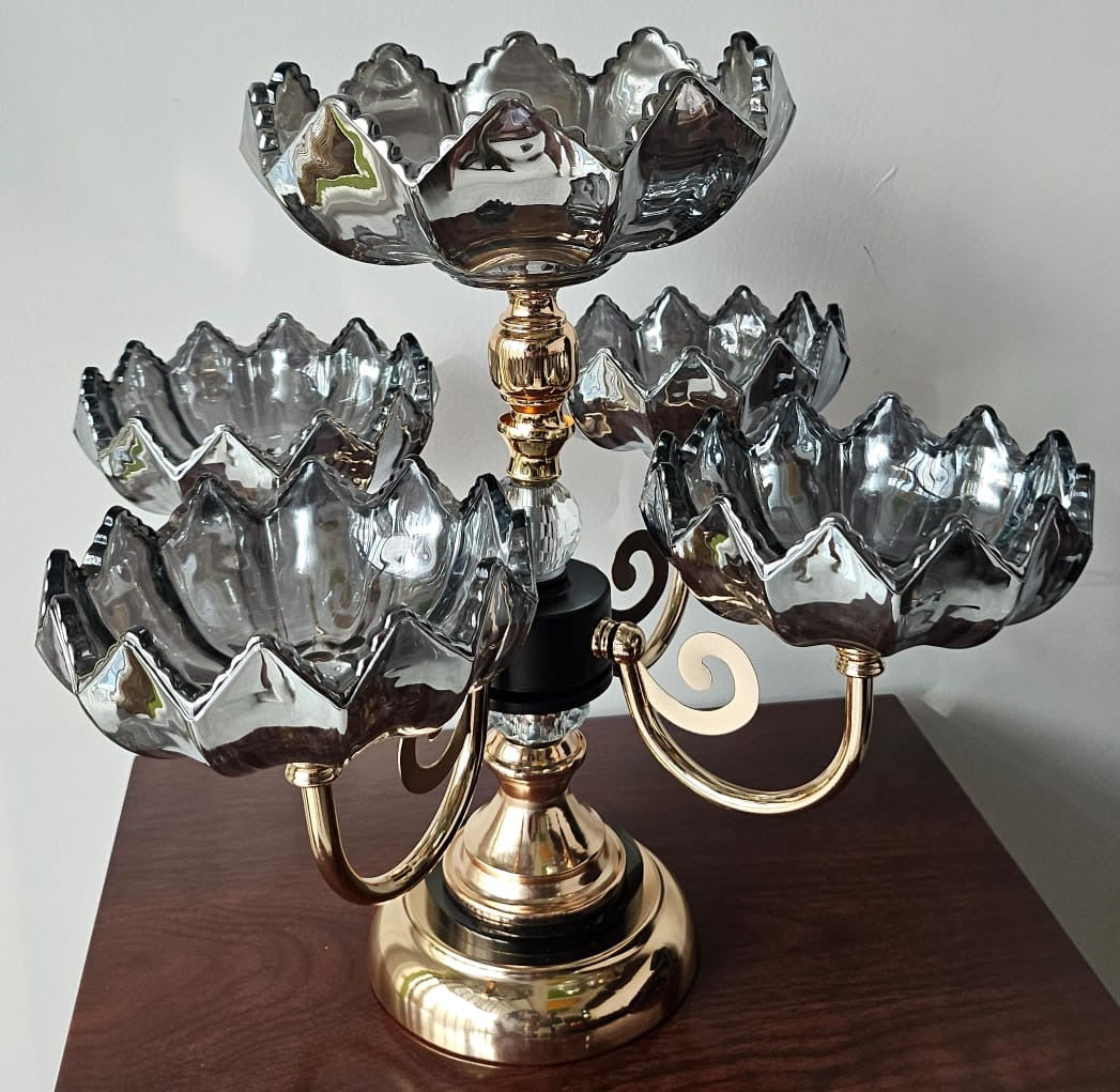 Heavy glass 5 arm fruit bowl elegant presentation set in 5 designs