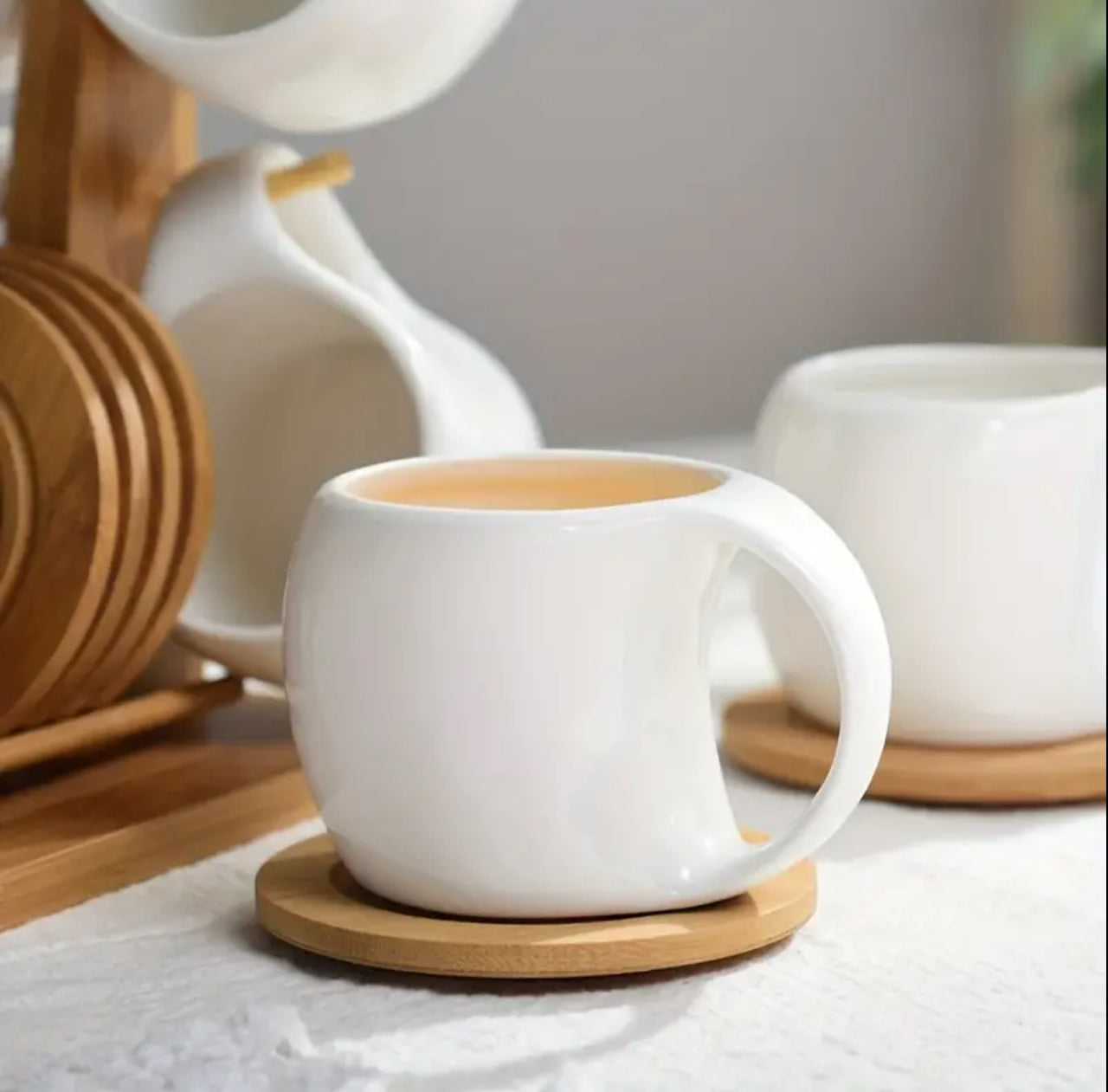 Fashion ceramic 6 cups (200ml) with wooden bamboo stand and 6 bamboo coasters