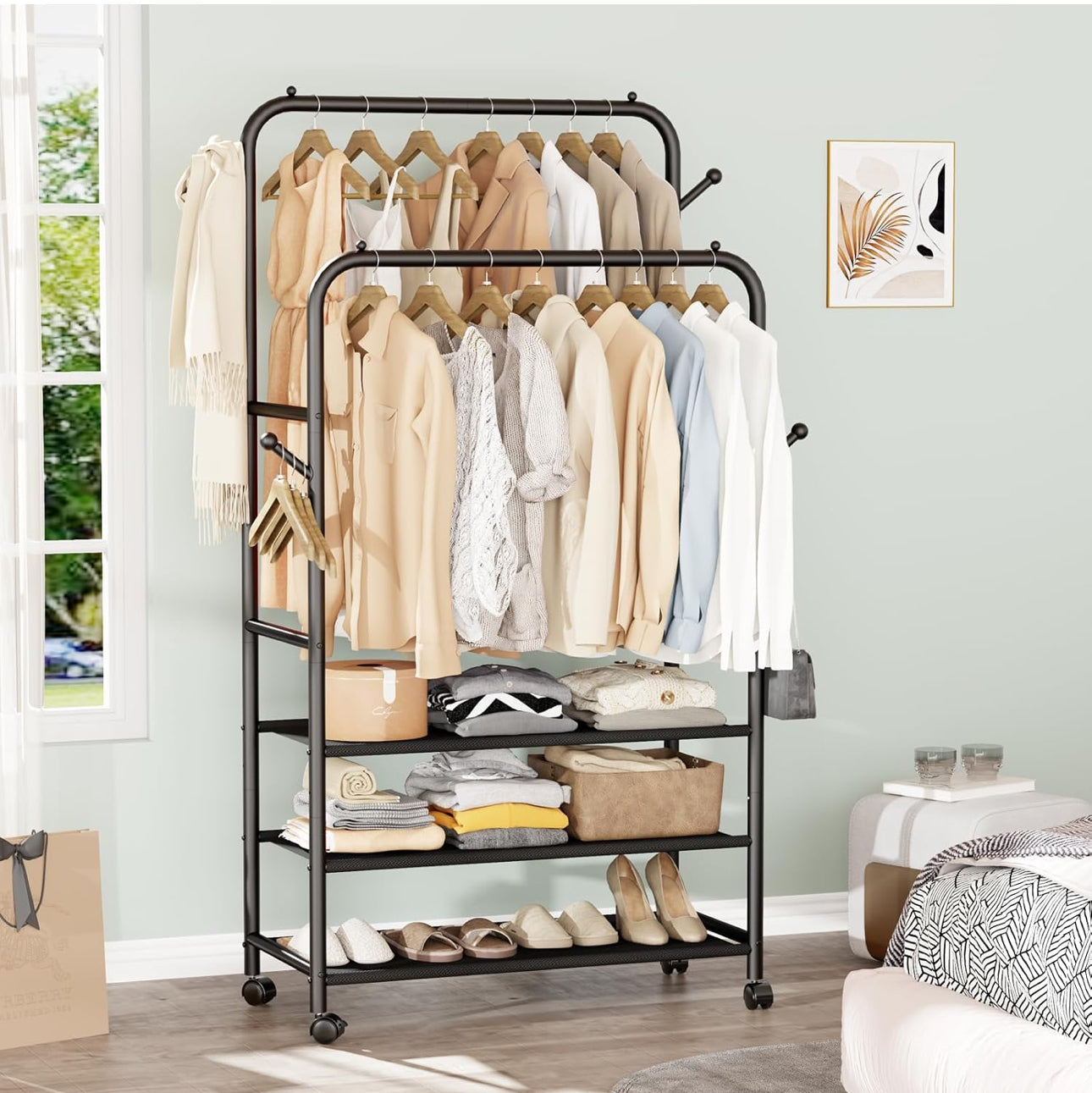 Double Clothing Garment Rack With 3-Tier Storage Shelf