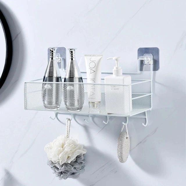 Mesh bathroom rack with hooks
Sticks by adhesive
Large