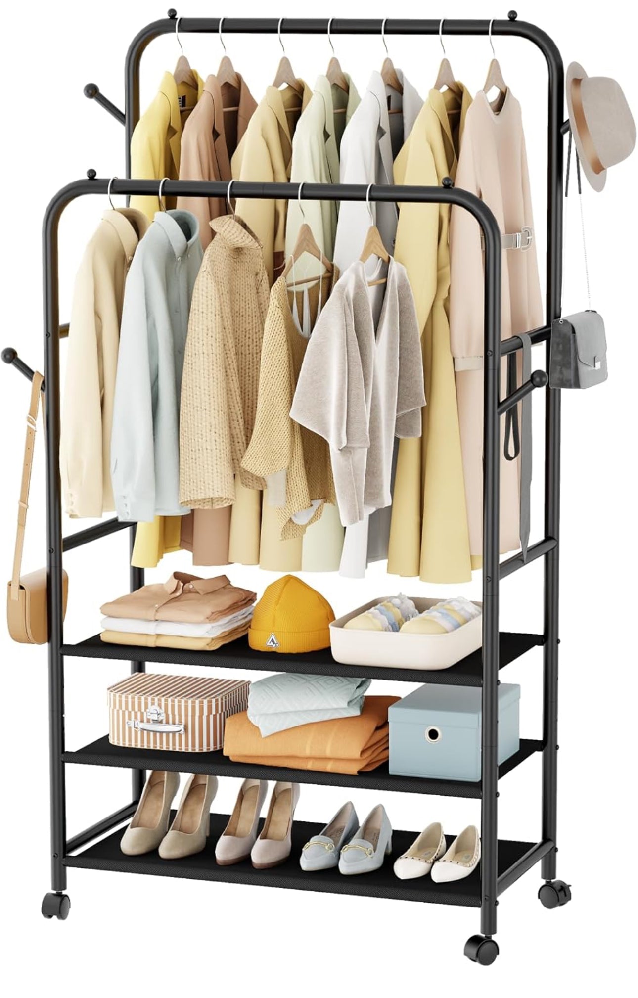 Double Clothing Garment Rack With 3-Tier Storage Shelf
