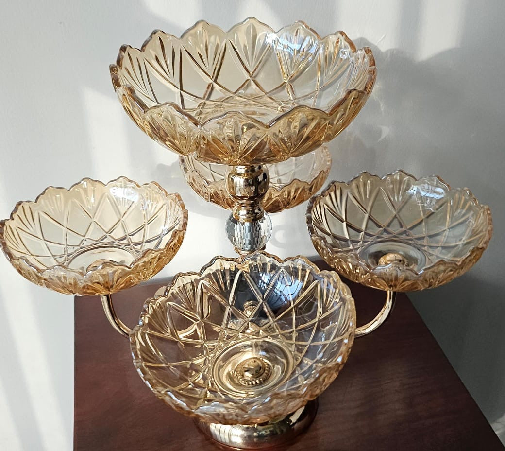 Heavy glass 5 arm fruit bowl elegant presentation set in 5 designs
