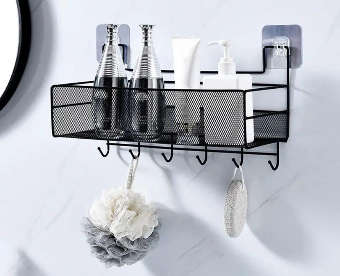 Mesh bathroom rack with hooks
Sticks by adhesive
Large