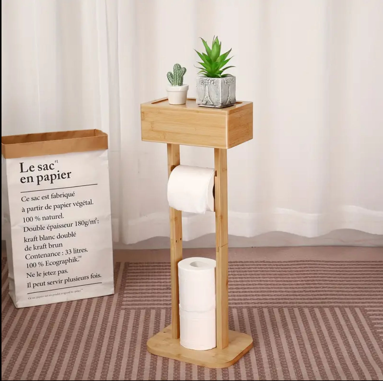 Eco-friendly bamboo toilet tissue holder with upper storage and phone placement/holder