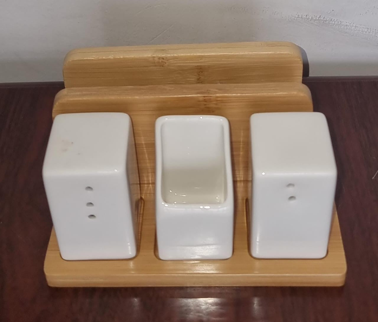 SALT SHAKER TOOTHPICK holder NAPKIN holder on BAMBOO BASE