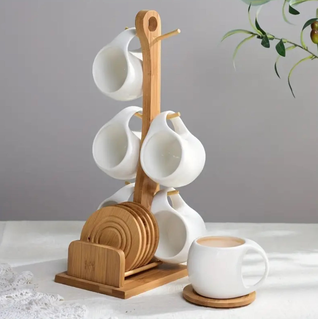 Fashion ceramic 6 cups (200ml) with wooden bamboo stand and 6 bamboo coasters