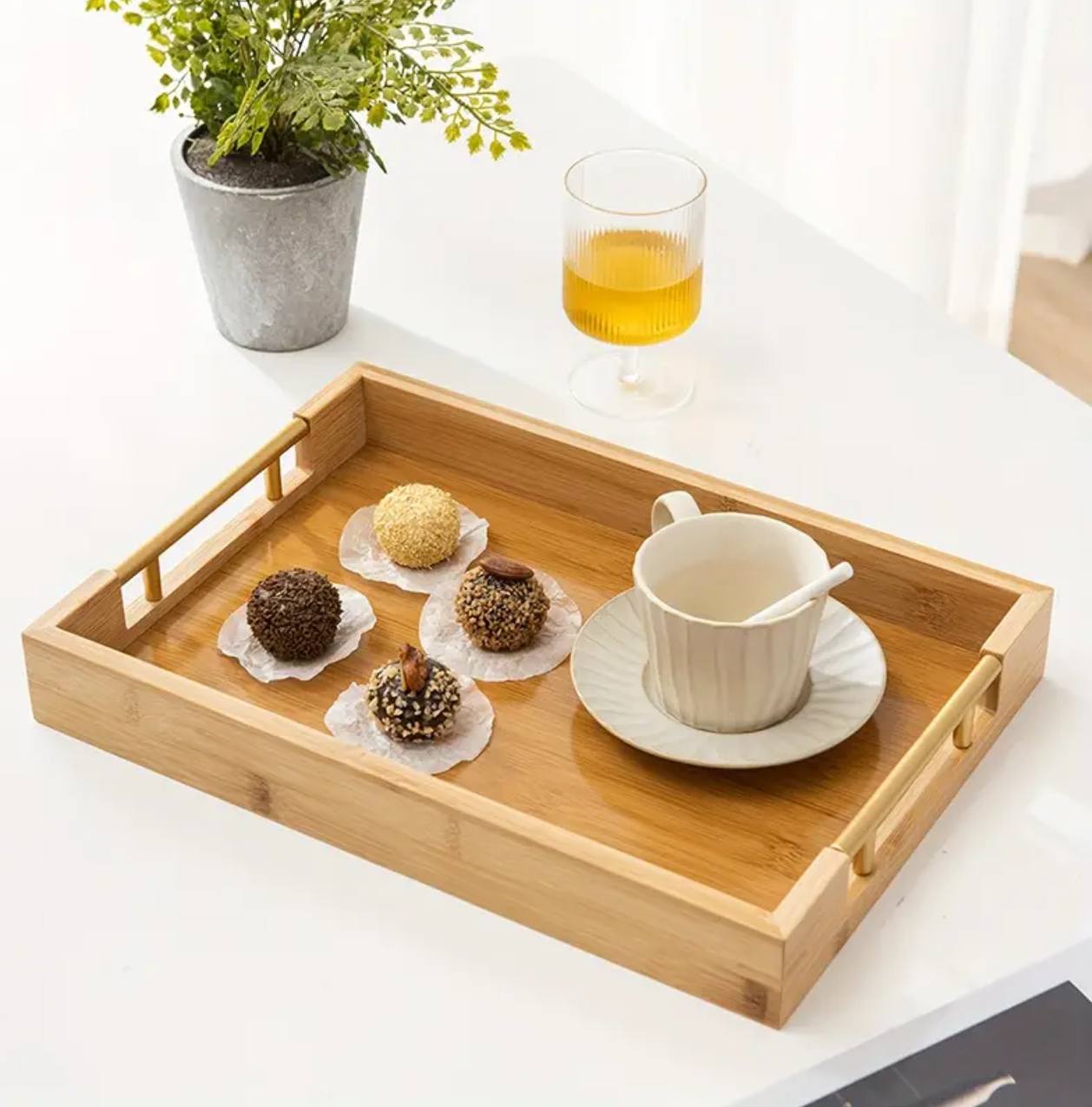 3pcs Eco-friendly Bamboo Serving Trays with Gold Handles