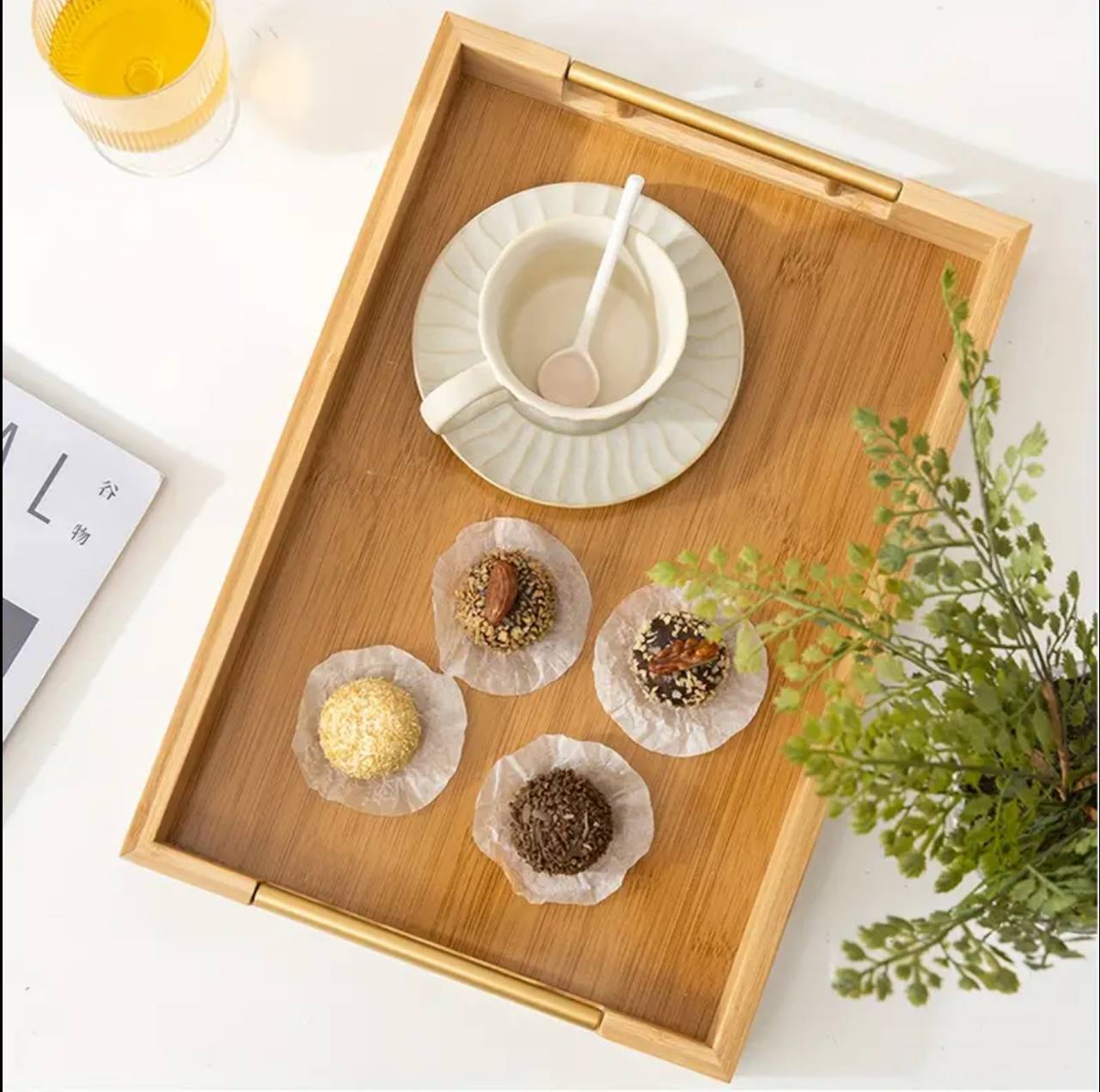 3pcs Eco-friendly Bamboo Serving Trays with Gold Handles