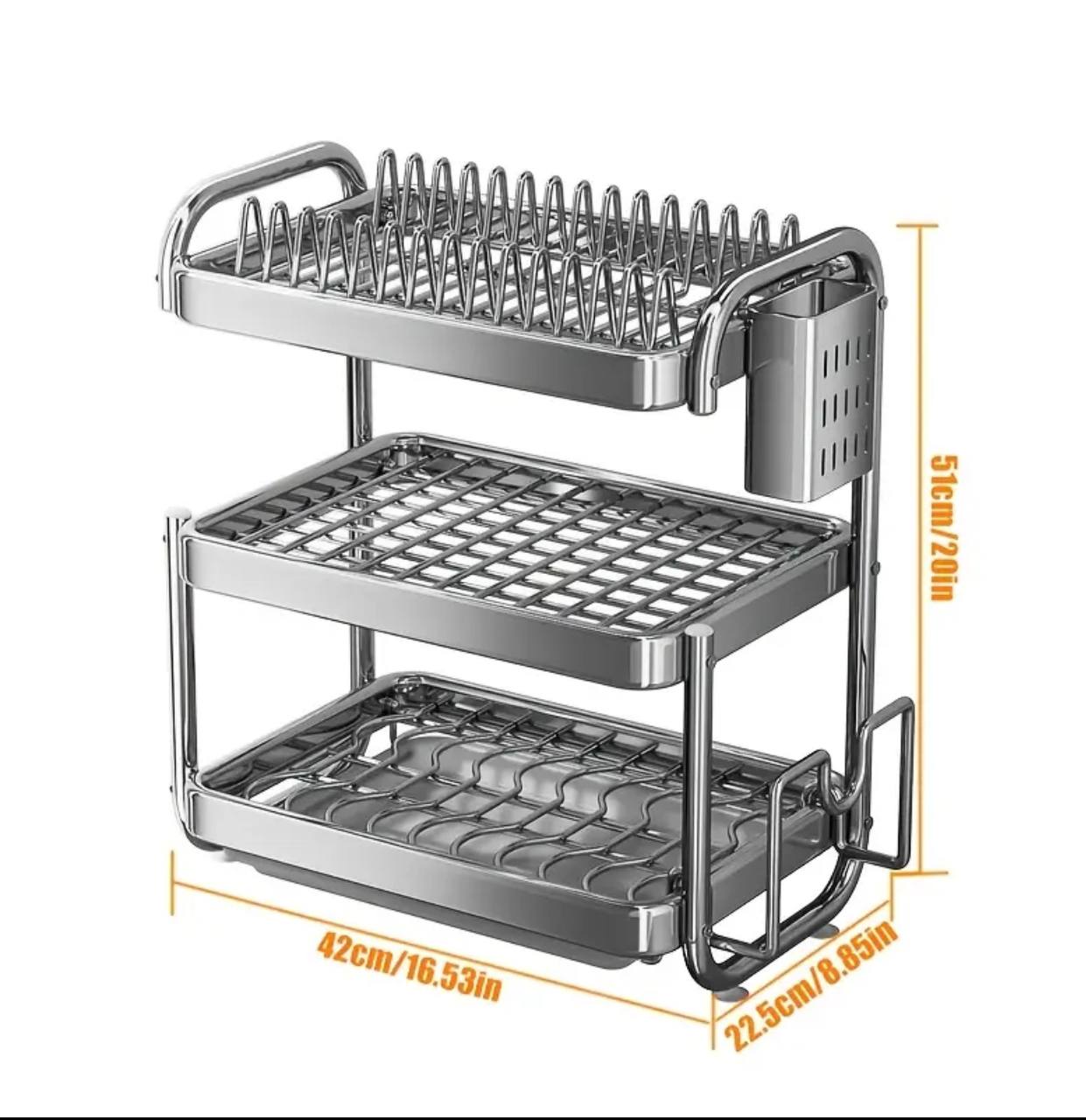 201ss Material 3-Tier Kitchen Chrome plated Dish Rack with drain tray
