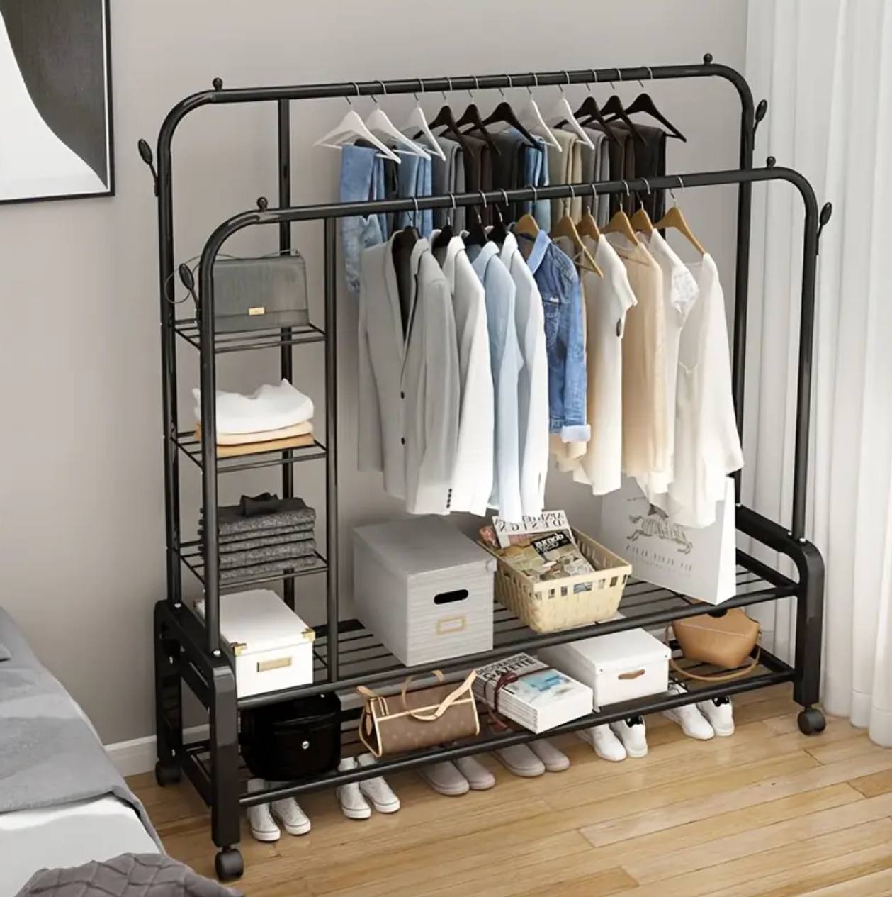 Double Layer Garment Rack Floor Standing Clothes Hanger
