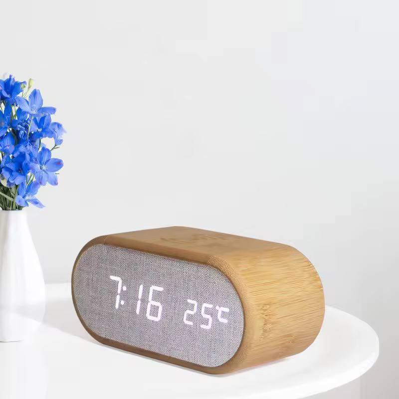 Wooden Digital Alarm Clock with wireless charging display, LED temperature, time & humidity