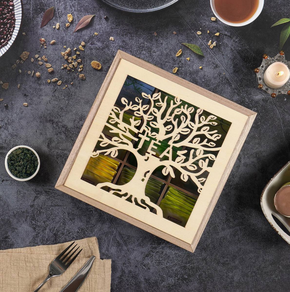 Handmade family tree wooden tea/coffee organizer
