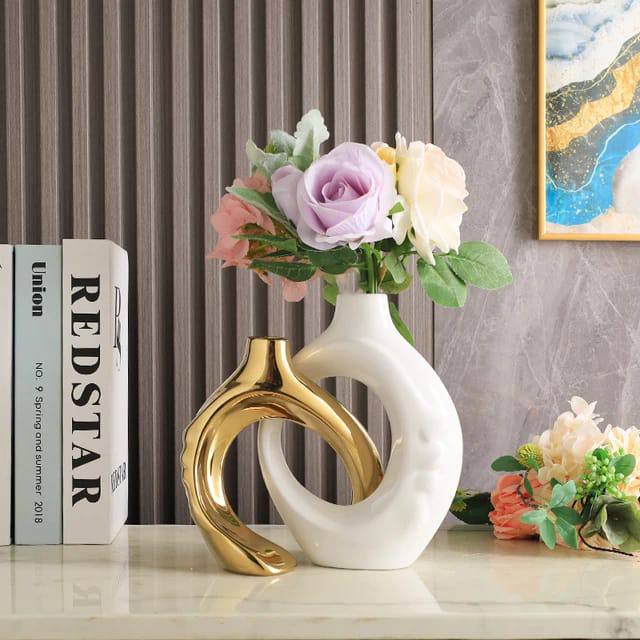 White and Gold Ceramic Vase with Hole
