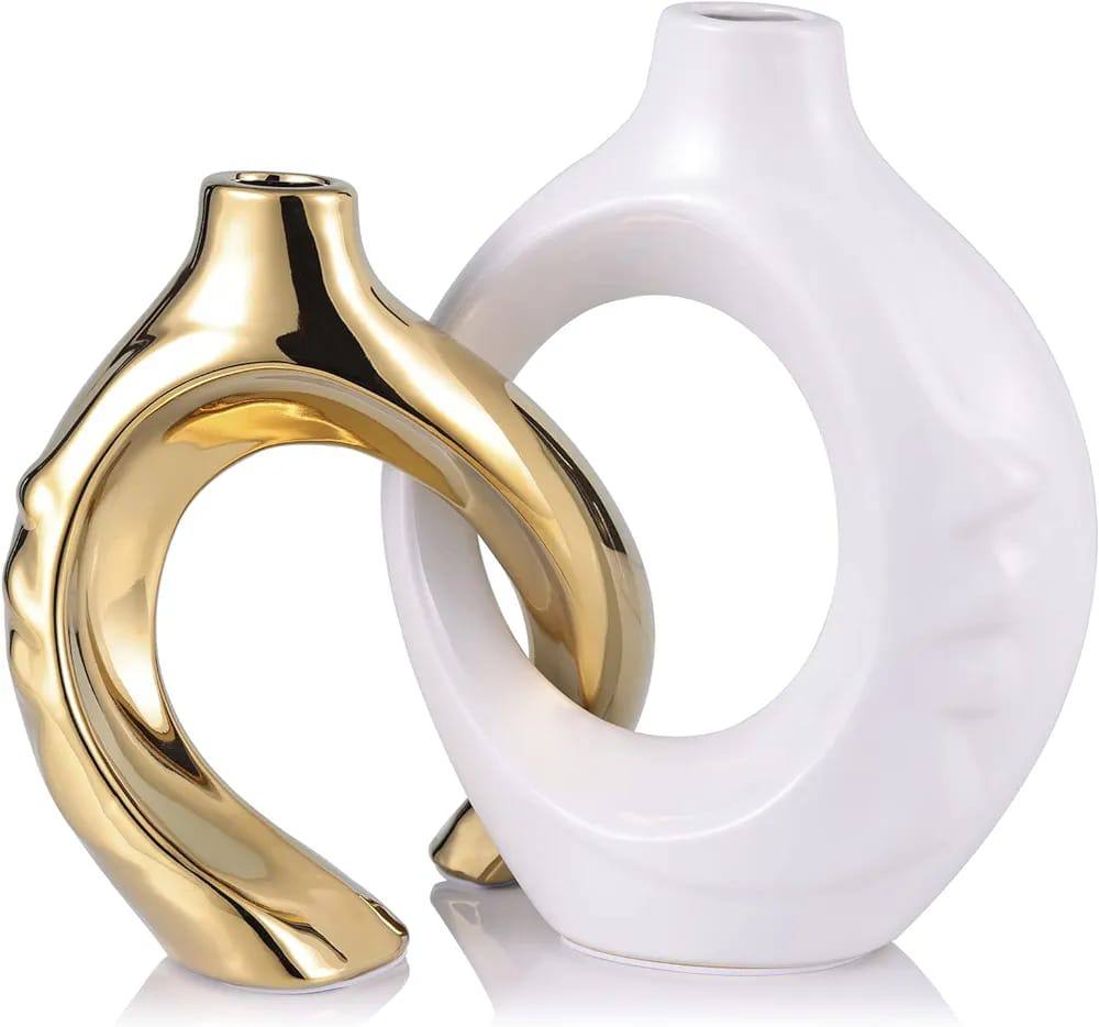 White and Gold Ceramic Vase with Hole