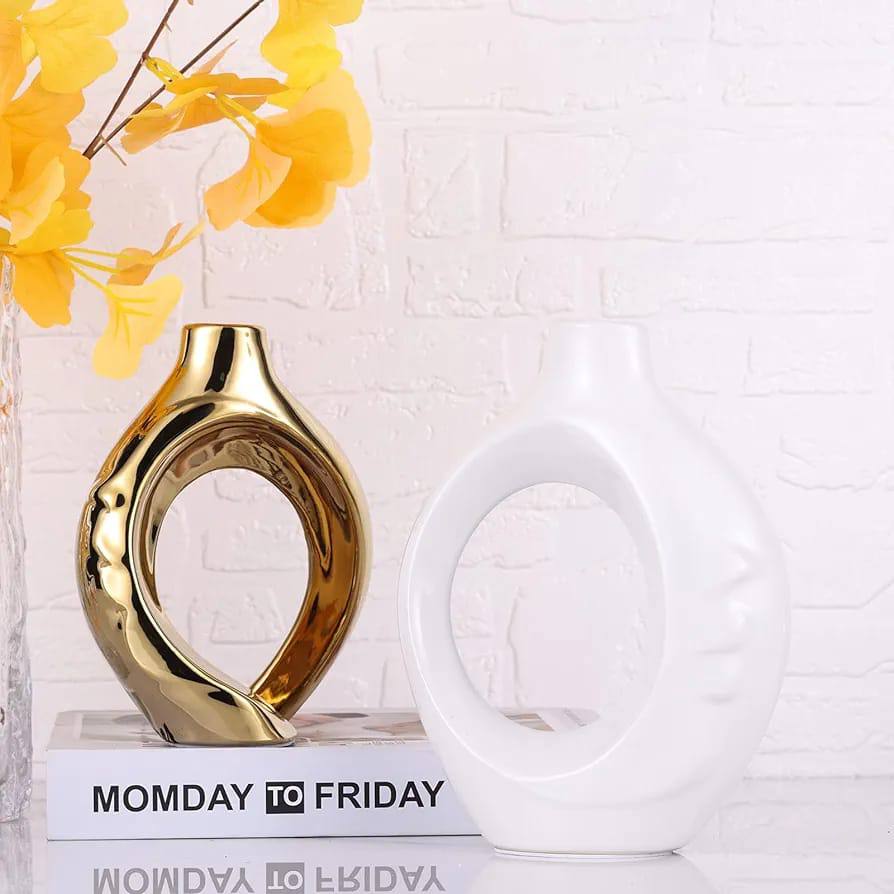 White and Gold Ceramic Vase with Hole