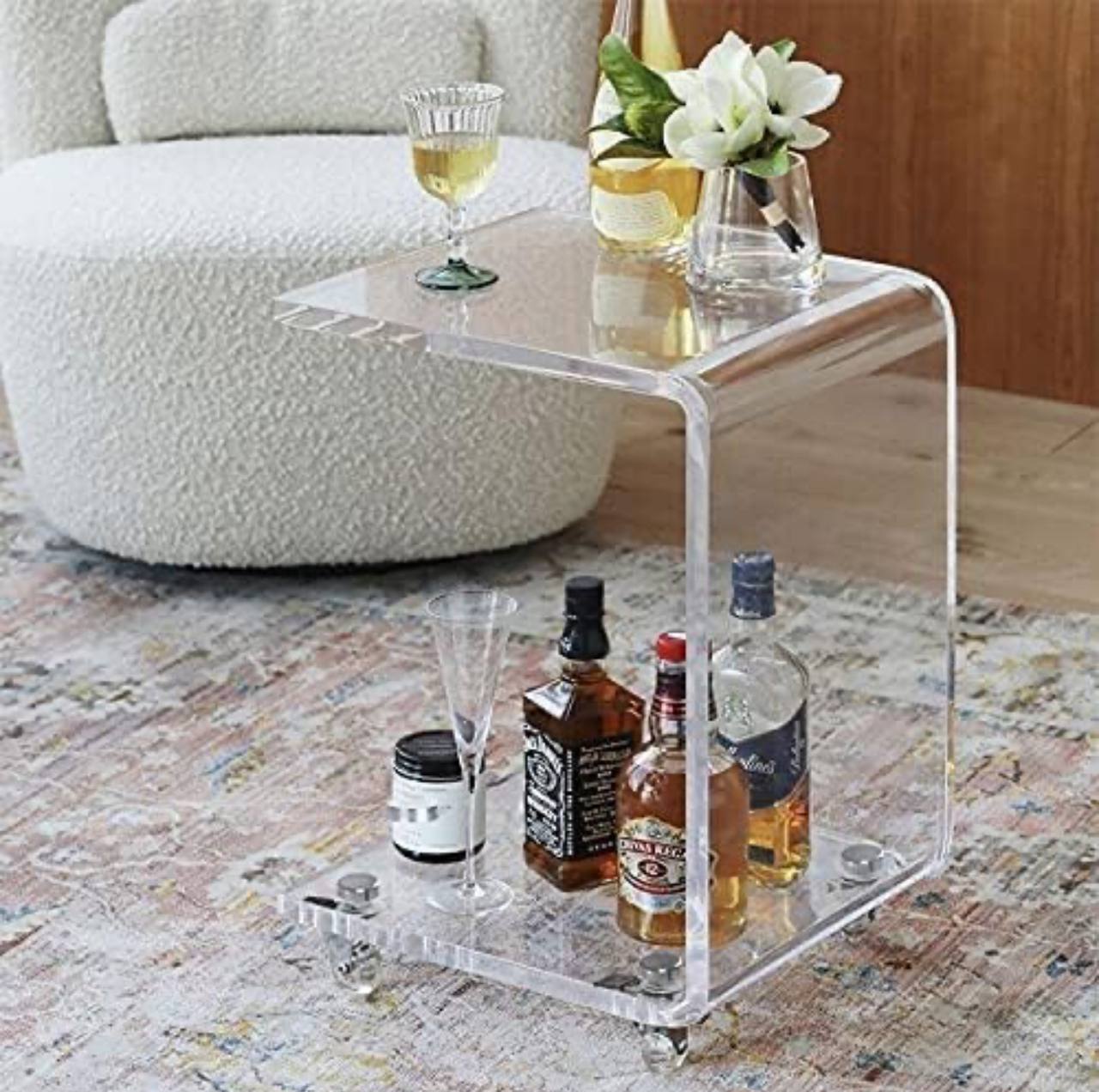 Luxury C-Shaped Clear Acrylic Side Table with Wheels