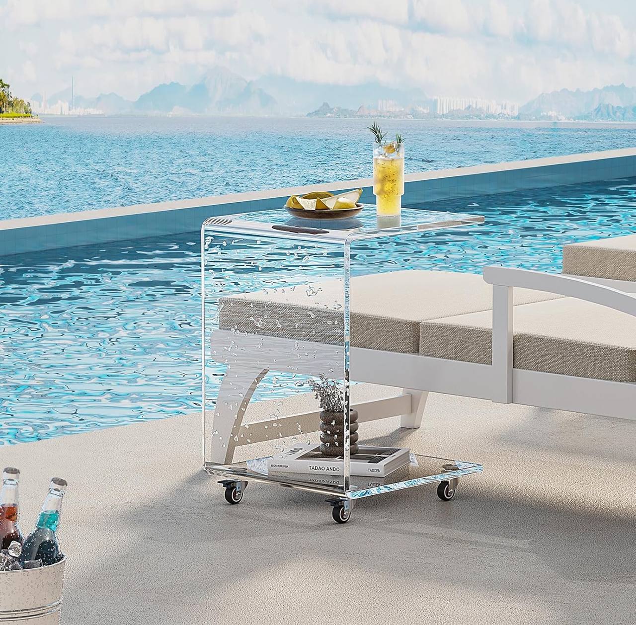 Luxury C-Shaped Clear Acrylic Side Table with Wheels