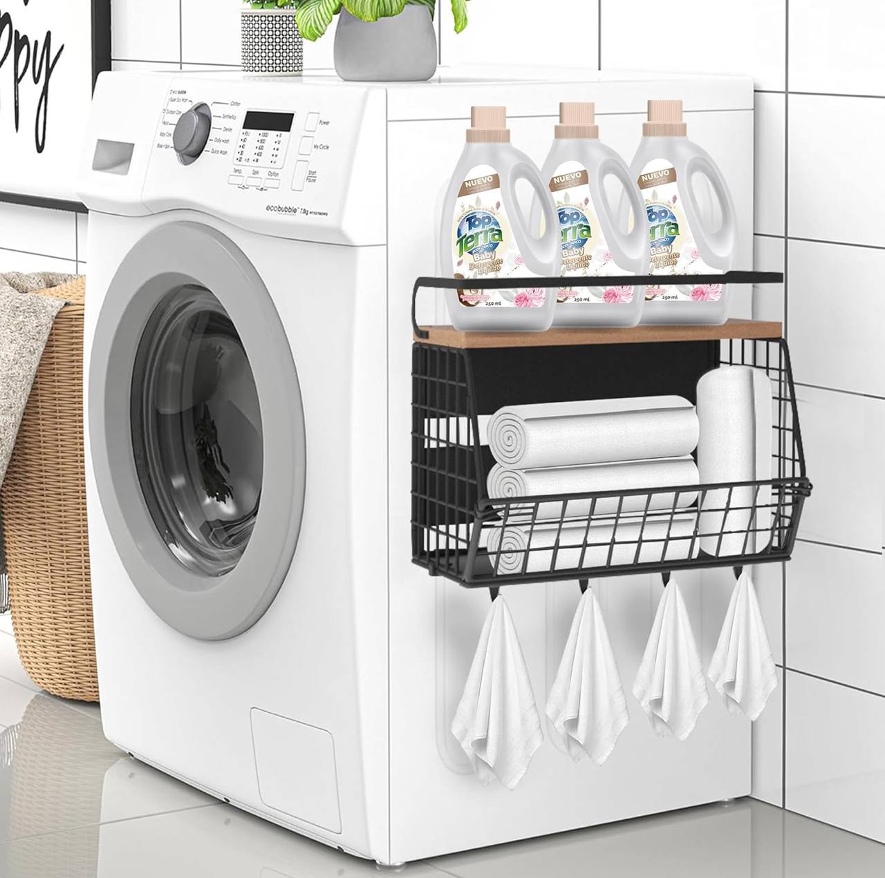 Multifunctional Magnetic/Mountable Stainless Steel Wire Storage Basket with wooden shelf
