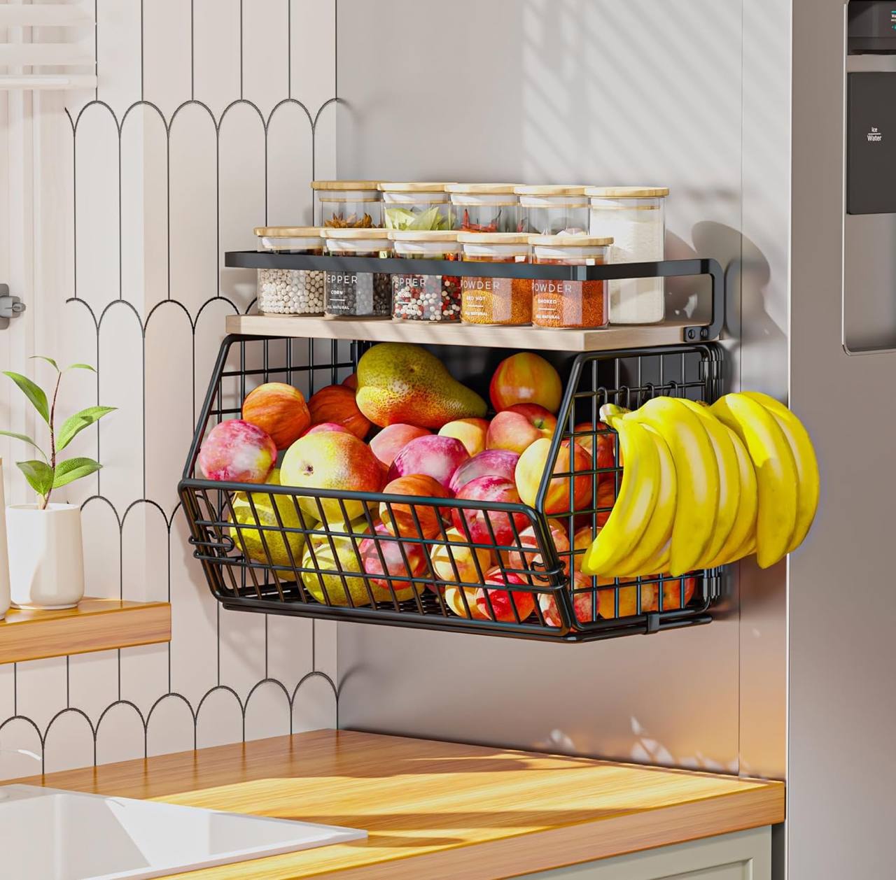 Multifunctional Magnetic/Mountable Stainless Steel Wire Storage Basket with wooden shelf