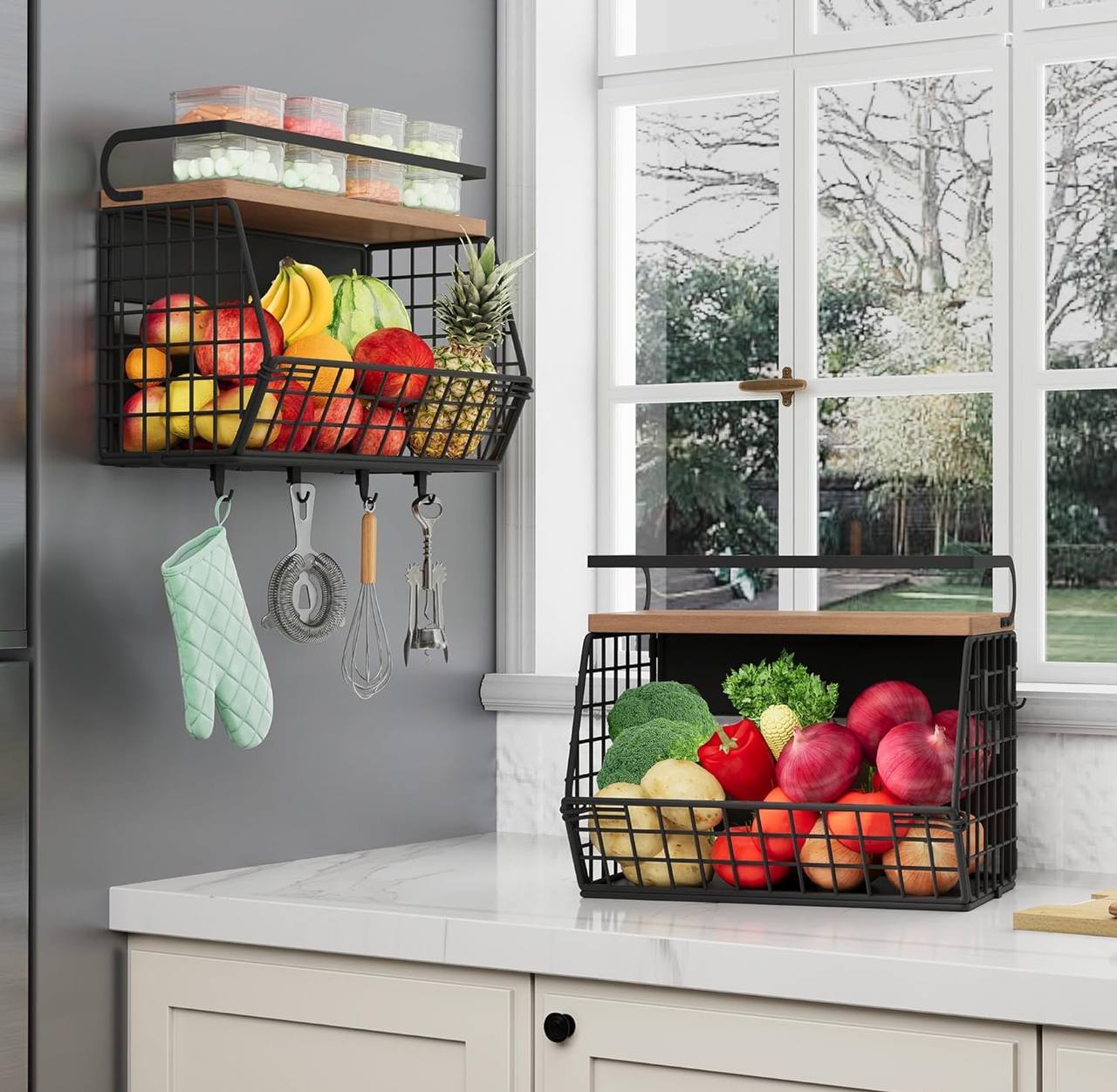 Multifunctional Magnetic/Mountable Stainless Steel Wire Storage Basket with wooden shelf