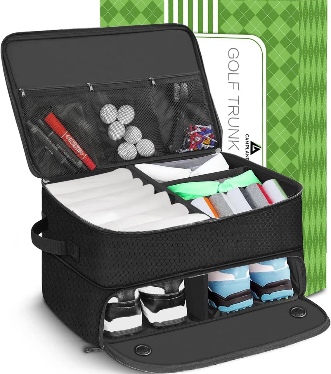 2 Layers Golf Trunk Organizer with Compartments for Golf Essentials