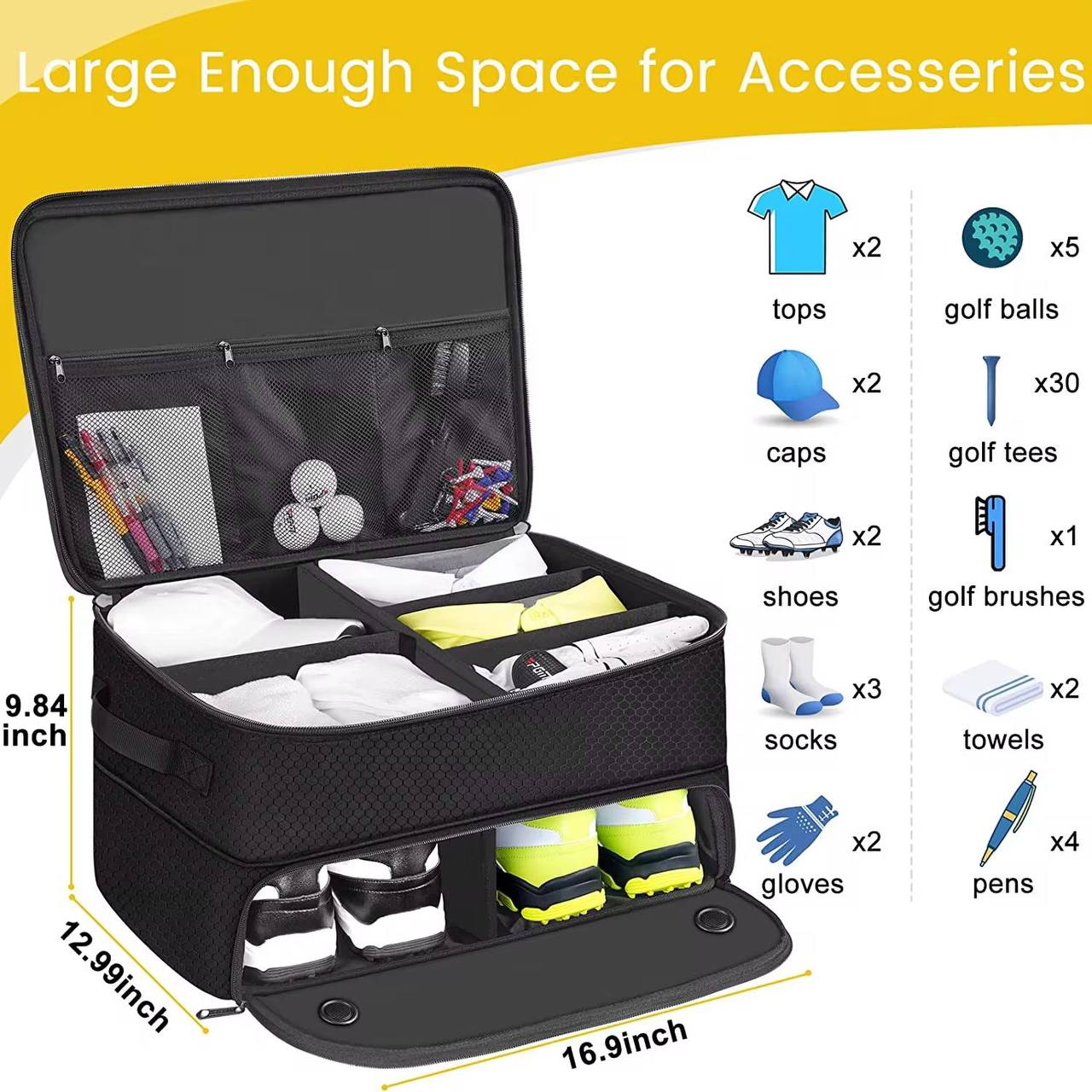 2 Layers Golf Trunk Organizer with Compartments for Golf Essentials