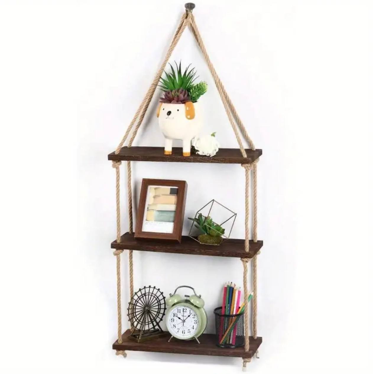 3 Tier Wooden Floating Shelf / Hanging Rope Organizer Rack