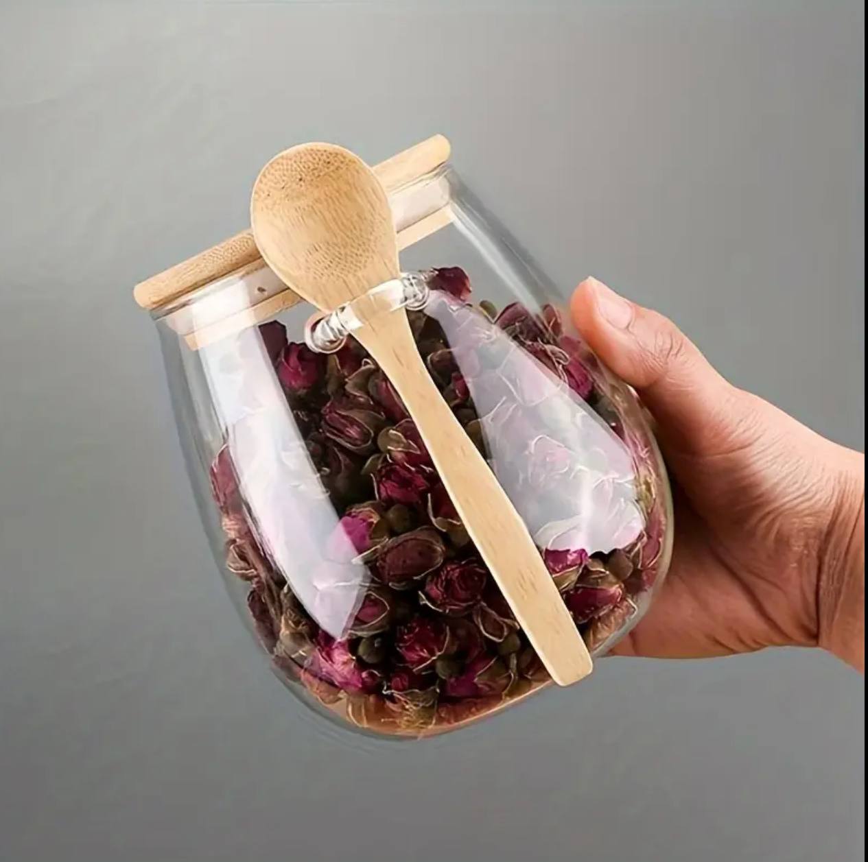 Glass storage canisters with Bamboo spoon & airtight lid.