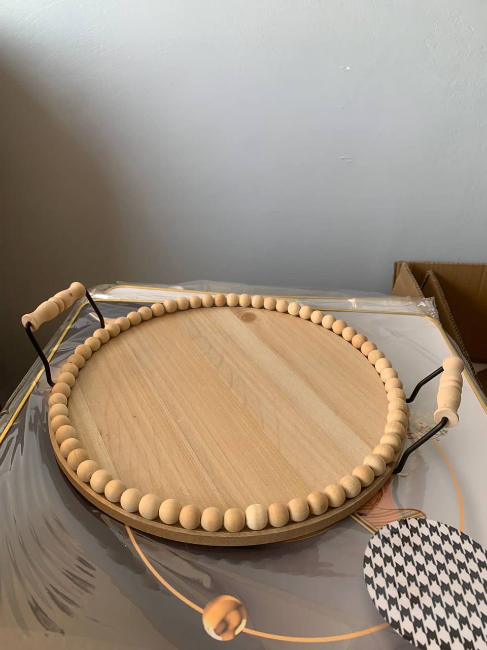 Rustic Wooden Round Beaded Tray