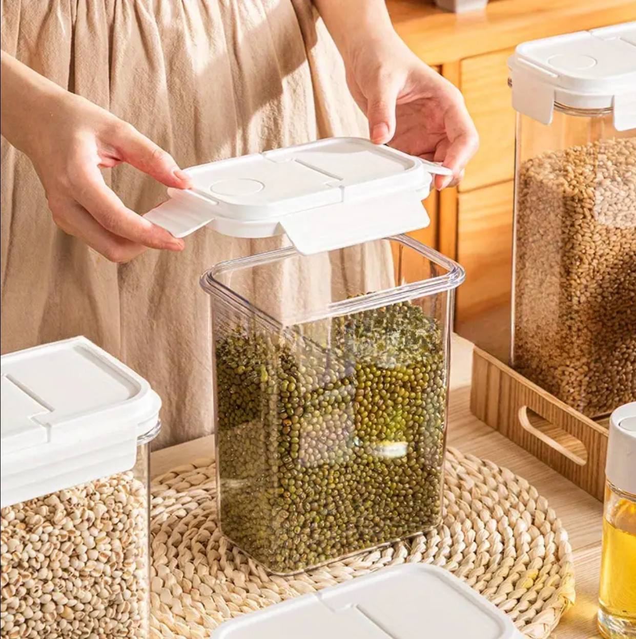 BPA-free, food-grade acrylic cereal jar.