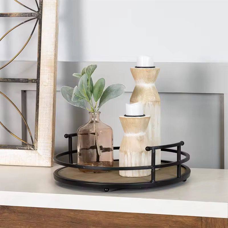Home Decor Rustic Modern Metal and Wood Round Counter Tray