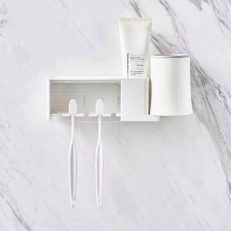 Wall mounted toothbrush and toothpaste holder. With cup storage