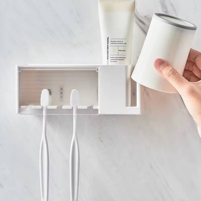 Wall mounted toothbrush and toothpaste holder. With cup storage